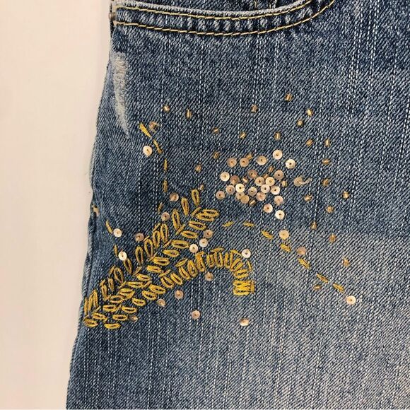 Vtg Guess Jeans Y2K Denim Mini Skirt Womens 28 Gold Sequins Cutoff Destructed - Picture 3 of 14